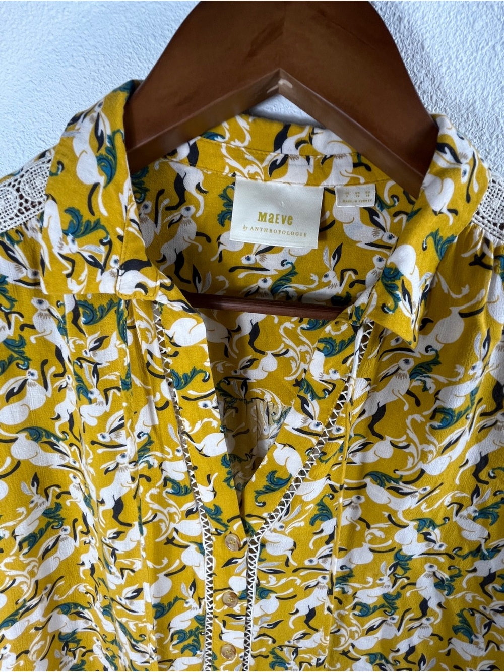 Maeve Anthropologie Shirt Womens 6 Yellow Rabbit Print Peplum Long Sleeve Ruffle - Picture 11 of 13